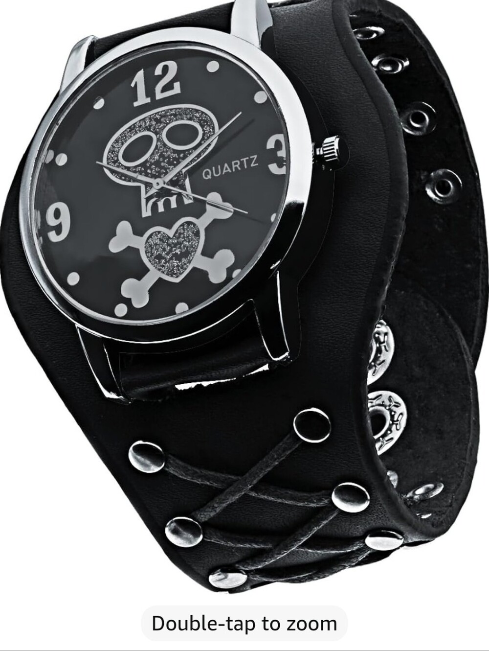 FUN Unisex Goth Black Skull Heart Cuff Watch